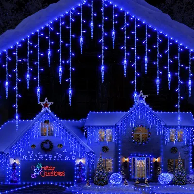 Productafbeelding van LED-ijspegellichtketting, lichtgordijn met ijsregen effect, kerstverlichting voor buiten, 8 verschillende modi, geschikt voor buiten, ramen, decoratie, blauw