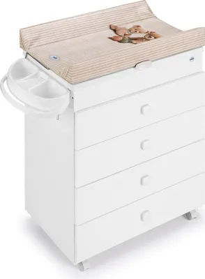 A white baby changing table with a padded top and drawers.