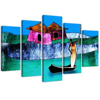 Produktbild von 5-teiliges leinwandbild frau in einem boot 100x70 cm Feeby grün wandbild bereit zum aufhängen