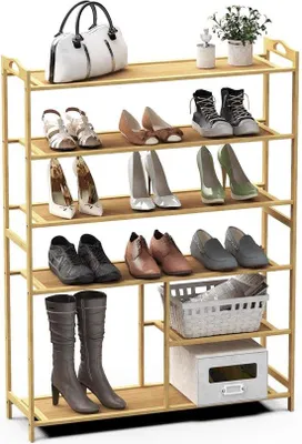 Immagine prodotto di Uniqoos® - Scaffale per scarpe con struttura in bambù - Scaffale stretto in MDF, 6 ripiani, multifunzionale per scarpe e piante, 80 x 26 x 102 cm