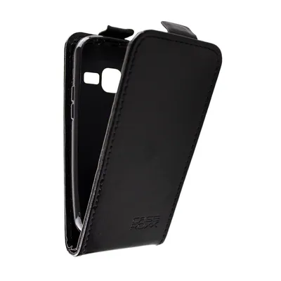 A black flip cover case for a smartphone, shown open and at an angle against a white background.