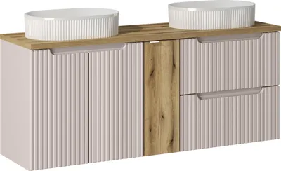 Produktbild von Badezimmerschrank 140 cm mit Platte Eiche, Kaschmir, 2 Aufsatzwaschbecken