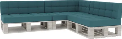 A sectional sofa made from wooden pallets with teal cushions, shown against a white background.