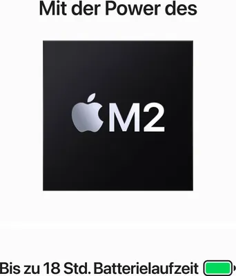 Marketing image showing the Apple M2 chip logo and text about battery life.