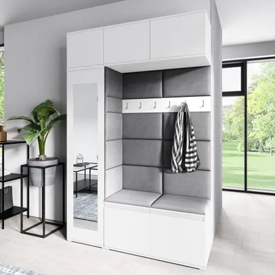 Produktbild von Garderoben-Set "MIKA", Kleiderschrank mit Polsterplatten, Schuhschrank, Schrankaufsatz und Hängeschrank – Flur und Eingangsbereich (Weiß, Trinity 15)