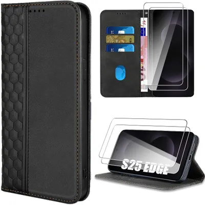 Image de Coque + 2 Verres Trempés pour Samsung Galaxy S25 Edge, Flip Case Synthécuir Antichoc Motif Mosaïque - Noir