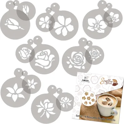 Produktbild von Kaffee Schablonen und Kekse Dekoration 14 Stück 7x7 cm und 11x11 cm, Wiederverwendbare Plastik Backen Vorlage, Blumen, DIY