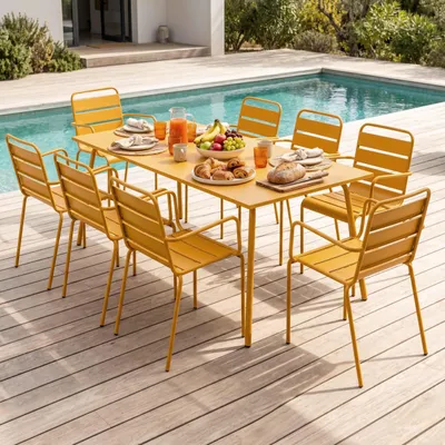 Image de Ensemble table de jardin et 8 fauteuils en métal jaune - Oviala Palavas