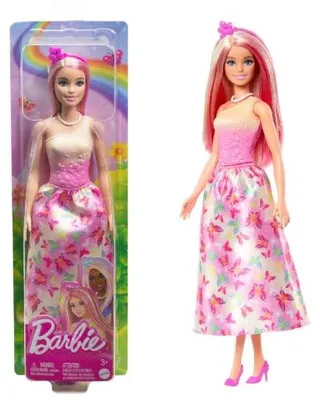 Produktbild von Barbie Royal-Puppe mit Haaren in Pink und Blond (pink, Rock mit Schmetterlingsmuster und Zubehör)