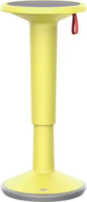 A yellow stool with a black top and a red loop on a white background.