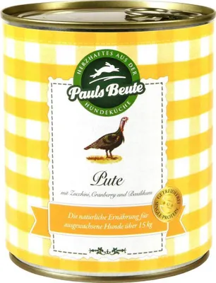 A can of dog food with a yellow and white checkered pattern and a label featuring a turkey illustration.