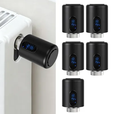Obrázek produktu pro Inteligentní termostat pro radiátory ISOISL, WiFi, ovládání přes aplikaci, kompatibilní s platformami Smart Life/Tuya, černý, sada 5 kusů, s 7 adaptéry pro ventily