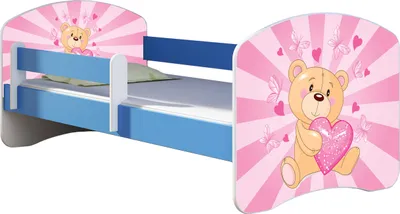 Image de ACMA lit d'adolescent lit d'enfant lit junior set complet avec matelas sommier à lattes et protection contre les chutes bleu 10 ourson 140x70
