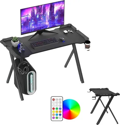 Produktbild von Gaming Tisch mit LED,120x60x75cm RGB Computertisch mit Kohlefaseroberfläche,Schreibtisch mit Fernbedienung,Tassenhalter und Kopfhörerhaken,Ergonomischer Gamingtisch Y-Frame,Schwarz