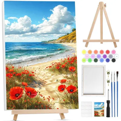 Immagine prodotto di Kit per dipingere per adulti, con cornice, soggetto: paesaggio con vista sul mare, tela, acrilici, dimensioni 20x30 cm
