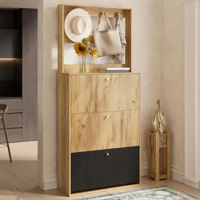Produktbild von okwish Eingangsschrank Schuhschrank mit 3 klappbaren Aufbewahrungsfächern Aufbewahrungsschrank Flurschrank mit Haken und Offener Stauraum Natur