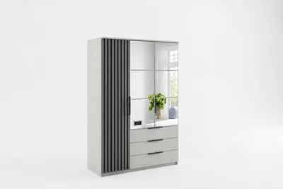 Produktbild von Torino Kleiderschrank - 150 x 61 x 215 cm, 3-türig 3 Schubladen, Lamellen Spiegel, Kashmir, Lamellen:Schwarz