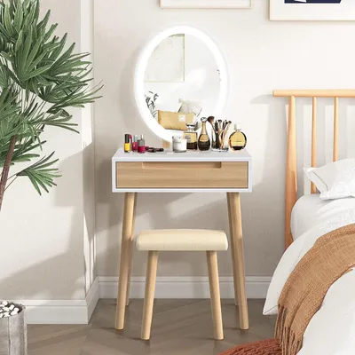 Image de Coiffeuse avec miroir LED et tabouret, luminosité réglable, tiroirs, Vanity