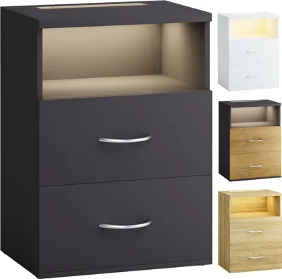 Image de CASARIA® Table de nuit avec éclairage LED Touch Chêne 40x28x55cm en Bois 2 tiroirs Table de chevet Chambre à coucher