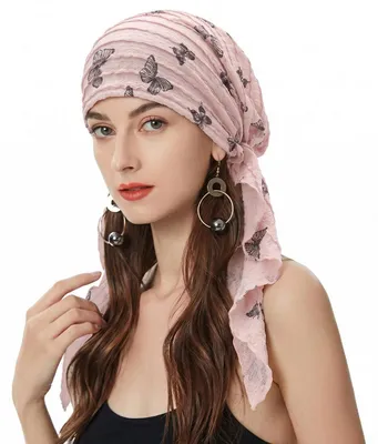 Zdjęcie produktu dla Czapka damska "Chemo" typu turban, gotowa do założenia, chusta na głowę, motyle, różowa, 100% poliester