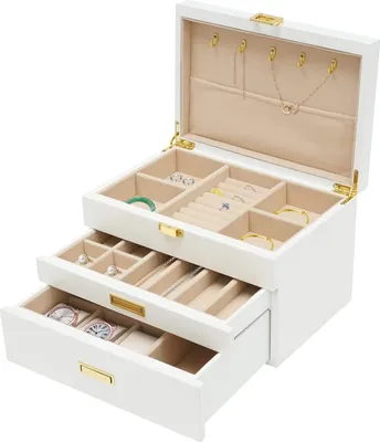 Zdjęcie produktu dla 3-poziomowy organizer na biżuterię w nowoczesnym stylu z 2 szufladami na zegarki, spinki do włosów, kolczyki, bransoletki, pierścionki (biały)