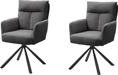 Two identical gray armchairs with corduroy upholstery and black metal bases are shown against a white background.