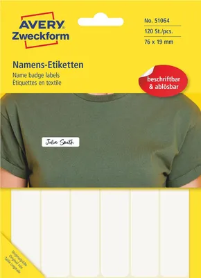 Produktbild von Avery Zweckform 51064, Namens-Etiketten, 76 x 19 mm, 120 g/m², 120 Etiketten / 10 Bögen