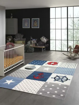 Produktbild von Kinderteppich Junge Maritim kariert in blau creme grau Größe - 120 x 170 cm