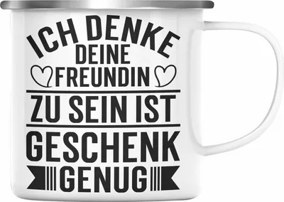 Produktbild von Trendation - Lustige Emaille Tasse Valentinstag Spruch Geschenk für Freund Ich Denke Deine Freundin Zu Sein Ist Geschenk Genug Emaille Emaille Tasse (Silber)