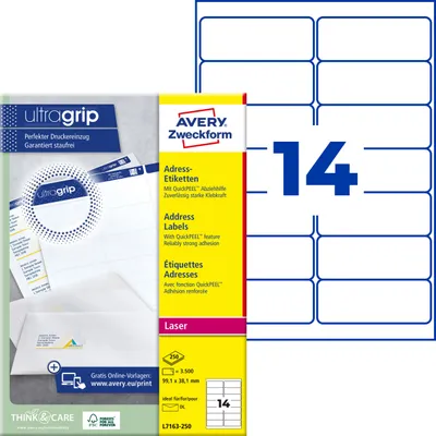Produktbild von Avery Zweckform L7163-250, Adress-Etiketten, A4, Qualitätsdruck mit: ultragrip, 99,1 x 38,1 mm, 3.500 Etiketten / 250 Bögen, weiß