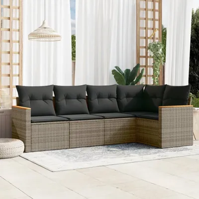 Produktbild von Design 5-tlg. Garten-Sofagarnitur mit Kissen Grau Poly Rattan, Gartenmöbel-Sets 2024 Neu
