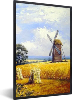 Produktbild von MuchoWow® Gerahmtes Poster Gemälde - Bauernhof - Mühle - Ölfarbe 60x90 cm - Poster mit Schwarzem Bilderrahmen Wandposter Rahmen Foto Bilder - Kunst
