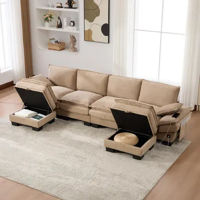 Produktbild von okwish Modulares Sofa 4-Sitzer mit 2 Hocker Ergonomische Breite Sitzfläche Loungesofa mit USB-C Anschluss Wohnzimmersofa mit Seitentaschen Wohnzimmer Corduroy Khaki