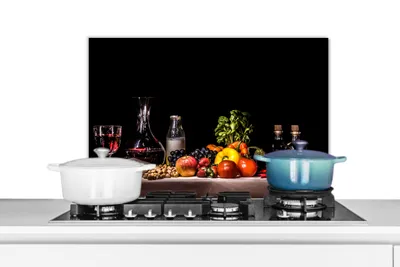 Produktbild von KitchenYeah®  Spritzschutz Küche - Küchenrückwand - Wandschutz für Herd und Spüle - Stilleben - Essen - Trinken - Obst - Schwarz 60x40 - Alu-Dibond (Alternative zum Spritzschutz aus Glas) - Hitzebestä