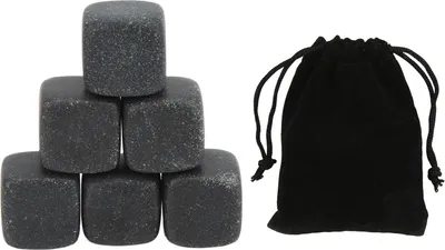 Produktbild von Basalt-Whisky-Steine-Set mit Aufbewahrungstasche für Cognac, Wein, Getränke, wiederverwendbar, Kühlsteine, Geschenk, 6 Stück