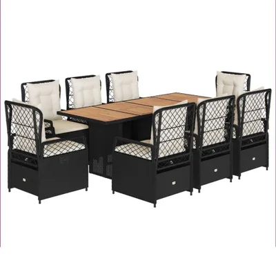 Produktbild von vidaXL 9-tlg. Garten-Essgruppe mit Kissen Schwarz Poly Rattan
