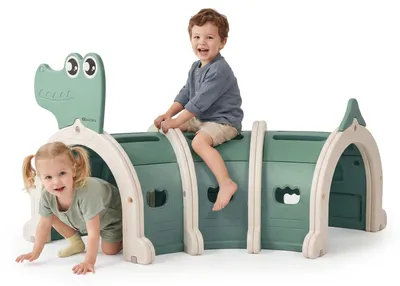Produktbild von HyperMotion Spieltunnel für Kinder im Krokodil-Design, 3 Segmente, 150 × 56 × 92 cm, aus HDPE für Haus und Garten, salbeigrün-beige