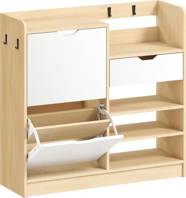 Produktbild von Schuhregal für Flur, Schuhschrank mit Kippschubladen, offenen Regalen, 4 Haken, für bis zu 14 Paar Schuhe, Natur