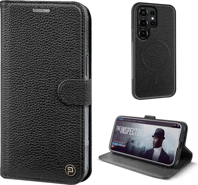 Produktbild von Echtleder Handyhülle für Samsung Galaxy S25 Ultra RFID Schutz Cover Leder Hülle Magnetring 2-in-1 Bumper abnehmbar Farbe: Schwarz
