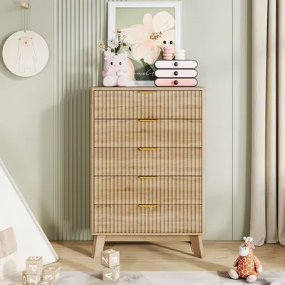 Image de Commode ProximaX à 5 tiroirs au design aspect bois naturel, espace de rangement spacieux, structure robuste en bois massif, meuble de rangement moderne pour le salon et la chambre à coucher