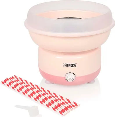 A pink and white cotton candy machine with a clear lid, shown with a bundle of red and white striped paper straws and a small white scoop.