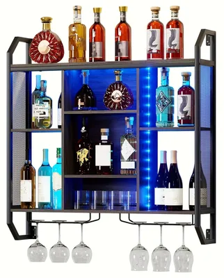 Image de Rangement à vin - Porte-bouteilles - Étagère murale - Rangement à verres - Porte-vin - Métal - 90 x 90 cm - Étagères réglables
