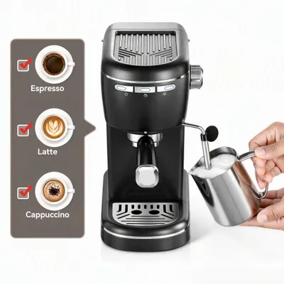Obrázek produktu pro Espressova kávovar – poloautomatický – 15 barů – odnímatelná nádržka na vodu o objemu 1,2 litru – pěnový nástavec na mléko – nerezová ocel – pro přípravu více než 16 šálků – černá barva