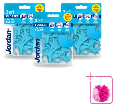 Productafbeelding van 3 x Jordan 3-in-1 Flosser - Tandzijde, tandenstoker en tongschraper - Voordelige verpakking - 3 stuks