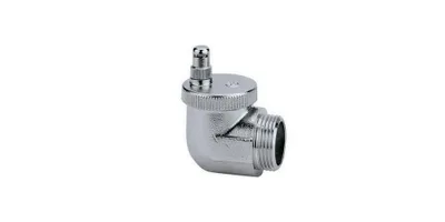 A silver-colored plumbing fitting with a threaded connection and an air release valve.
