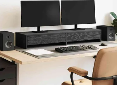 Zdjęcie produktu dla Podstawka pod monitor, z szufladami, czarny dąb, 100x27x15 cm