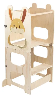 Produktbild von Kinder Lernturm - Montessori Küchenhelfer - Höhenverstellbar - Klappbar 3-in-1 - Kippschutz - Massivholz ab 1 Jahr - Hasenmotiv