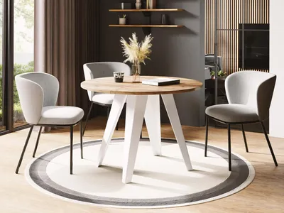 Produktbild von Esstisch Glory Weiß im Industriestil - Modern, Rund - Ausziehbar von 90 cm bis 130 cm, mit Pulverbeschichteten Metallbeinen, Tisch für Kleine Küche - Craft Eiche