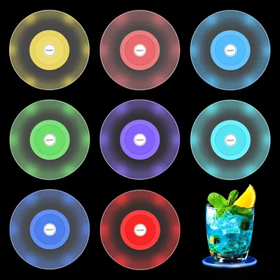 8 LED-Untersetzer, farbenfroh, 10 cm, Acryl, 7 Lichtfarben