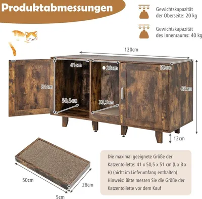 Zdjęcie produktu dla Szafka dla kota na toaletę dla kota z 2 drzwiami, drapakiem i wejściem 120 x 52 x 65 cm vintage